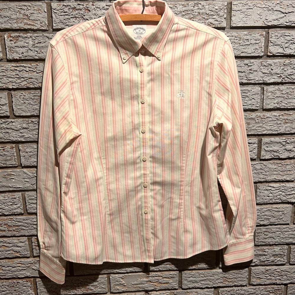 Brooks Brothers Supima Cotton Non-Iron Striped Button Down Shirt Pink Green 10